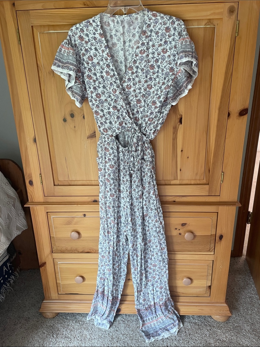Floral Boho Wrap Jumpsuit in White and Brown